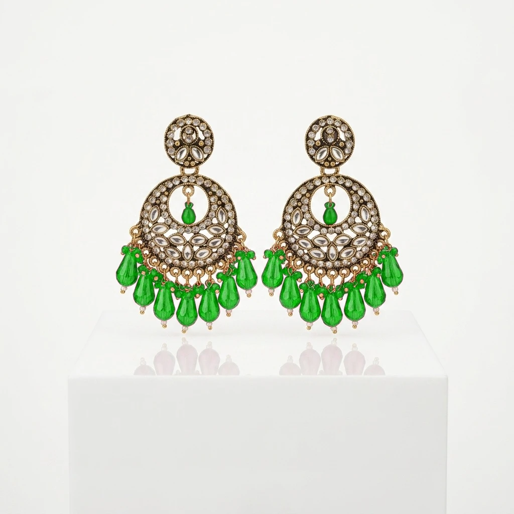 Antique Gold Kundan Polki Circular Chandbali with Magenta Drops - Emerald Green Edition