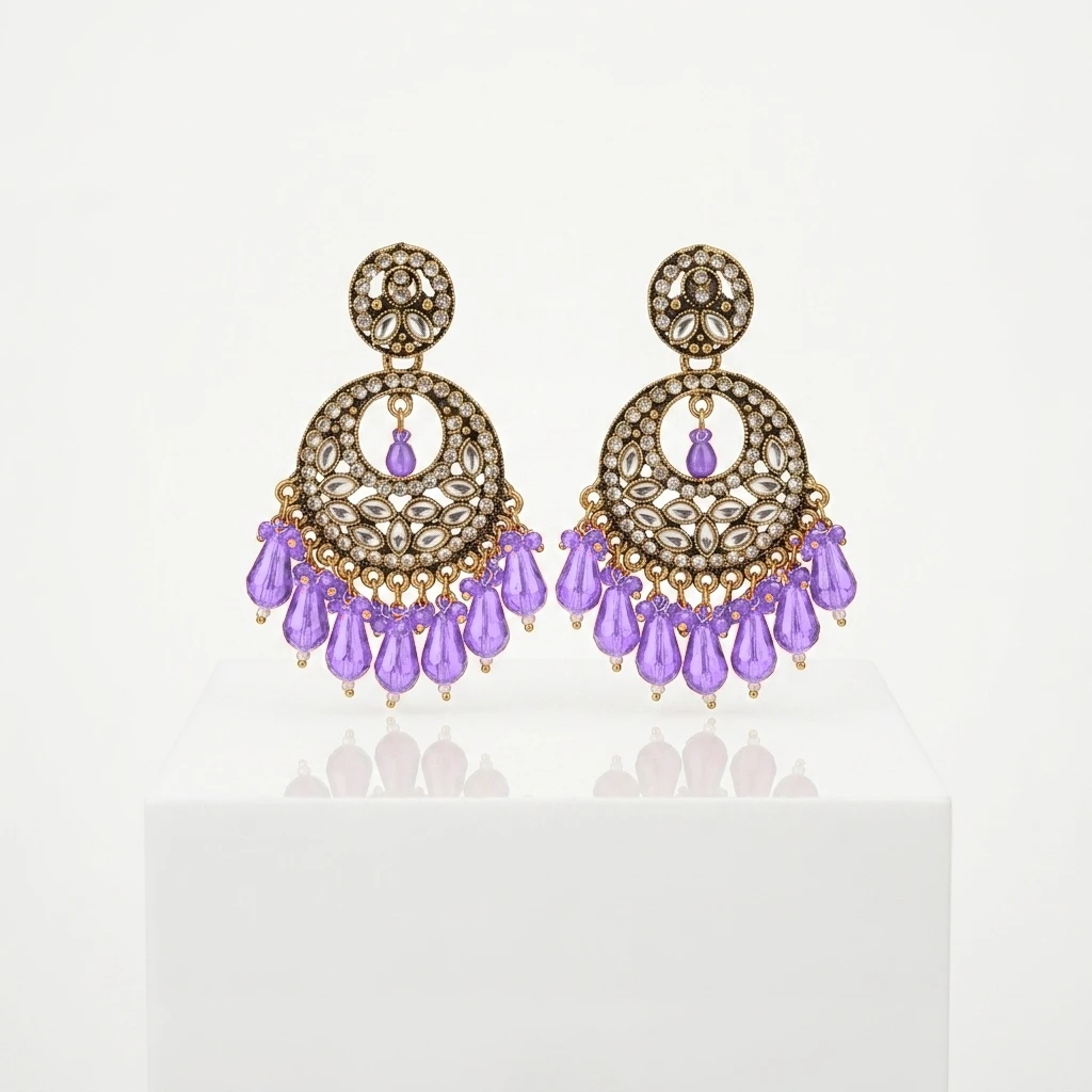 Antique Gold Kundan Polki Circular Chandbali with Magenta Drops - Lavender Edition