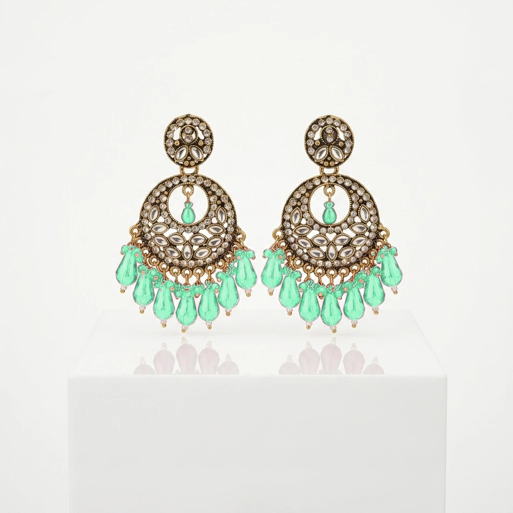 Antique Gold Kundan Polki Circular Chandbali with Magenta Drops - Mint Green Edition