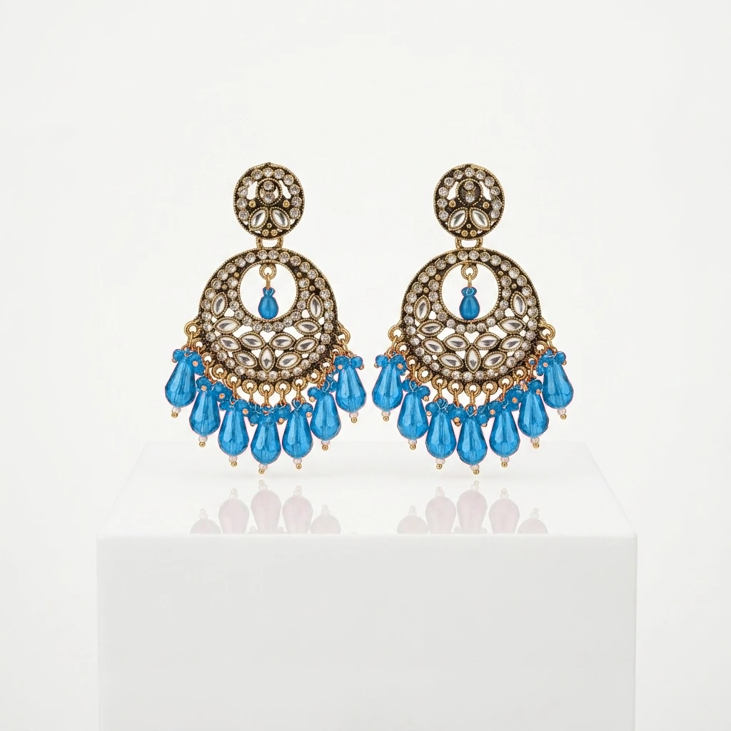 Antique Gold Kundan Polki Circular Chandbali with Magenta Drops - Ocean Blue Edition