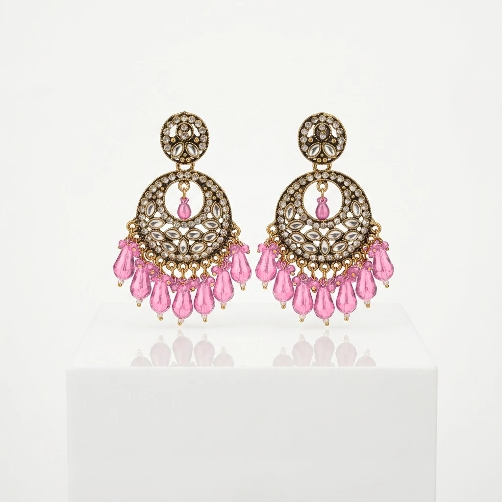 Antique Gold Kundan Polki Circular Chandbali with Magenta Drops - Pastel Baby Pink Edition