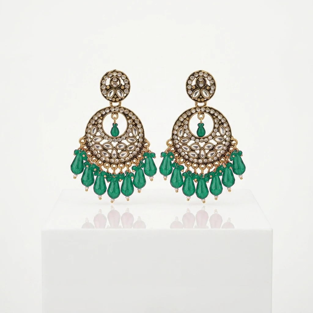 Antique Gold Kundan Polki Circular Chandbali with Magenta Drops - Peacock Green Edition