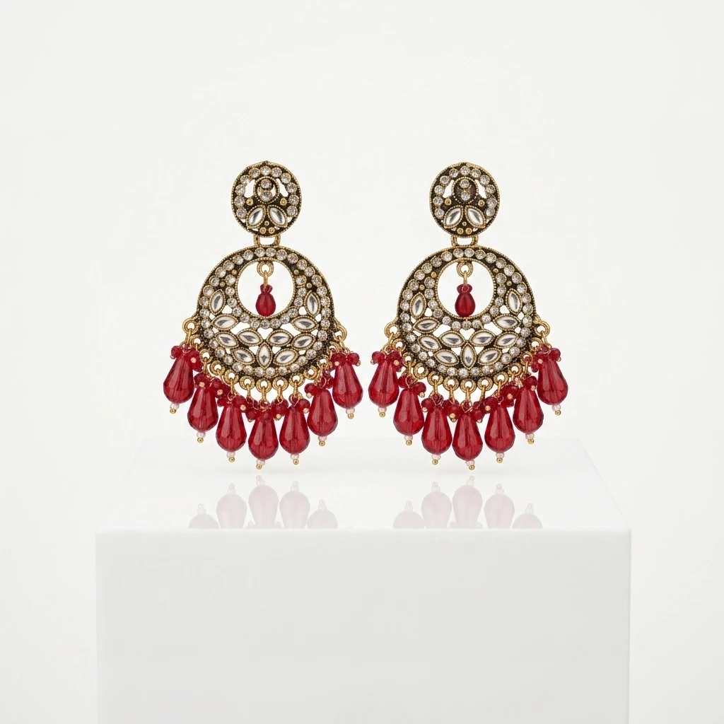 Antique Gold Kundan Polki Circular Chandbali with Magenta Drops - Royal Ruby Red Edition