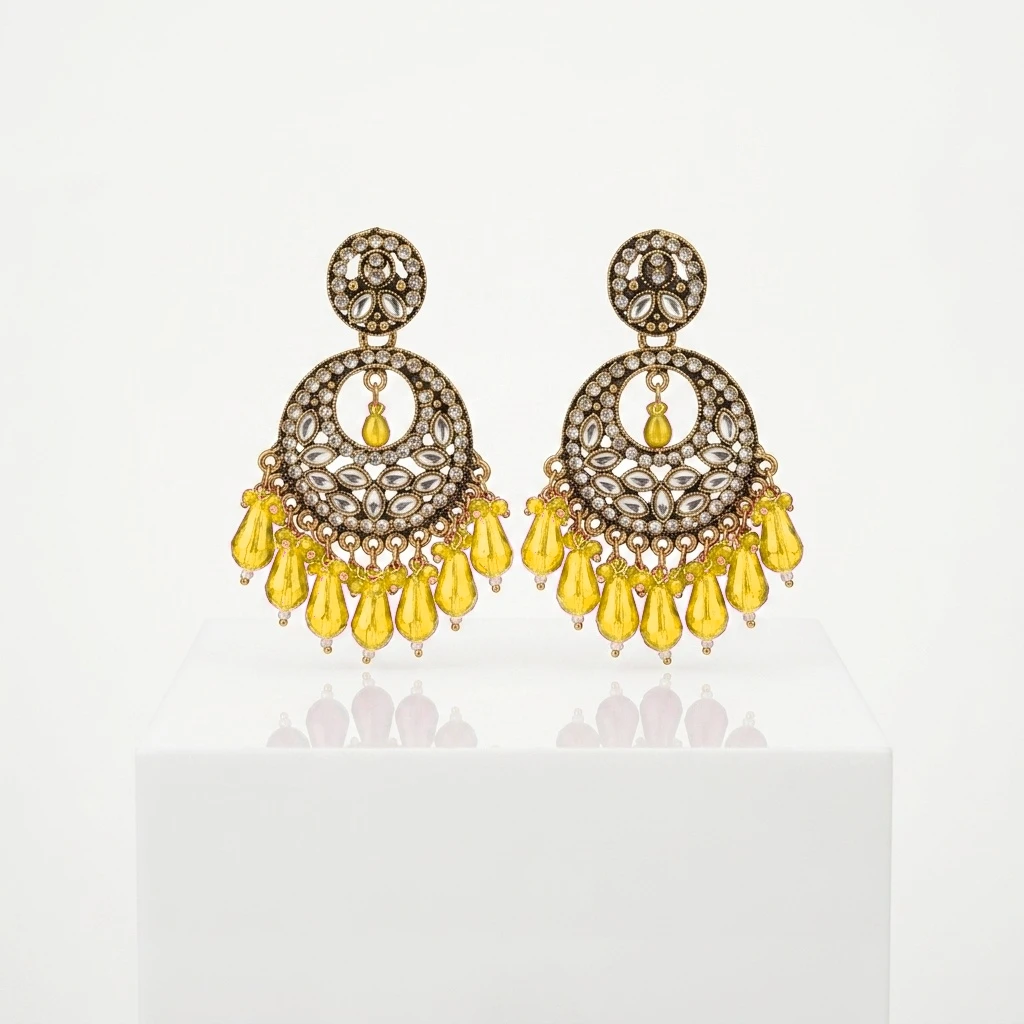 Antique Gold Kundan Polki Circular Chandbali with Magenta Drops - Canary Yellow Edition