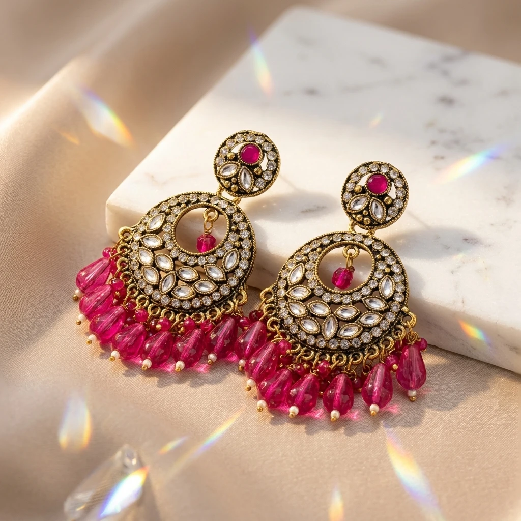 Antique Gold Kundan Polki Circular Chandbali with Magenta Drops - 45 Degree Angle View