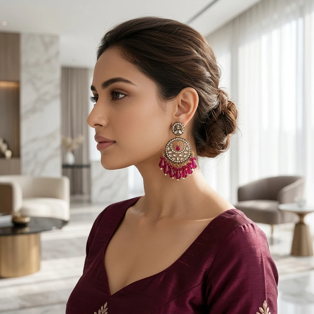 Antique Gold Kundan Polki Circular Chandbali with Magenta Drops - Lifestyle Model View