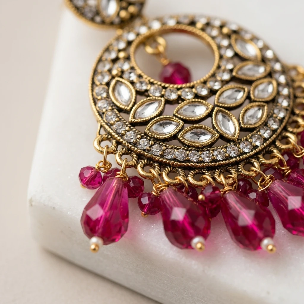 Antique Gold Kundan Polki Circular Chandbali with Magenta Drops - Macro Stone Detail View