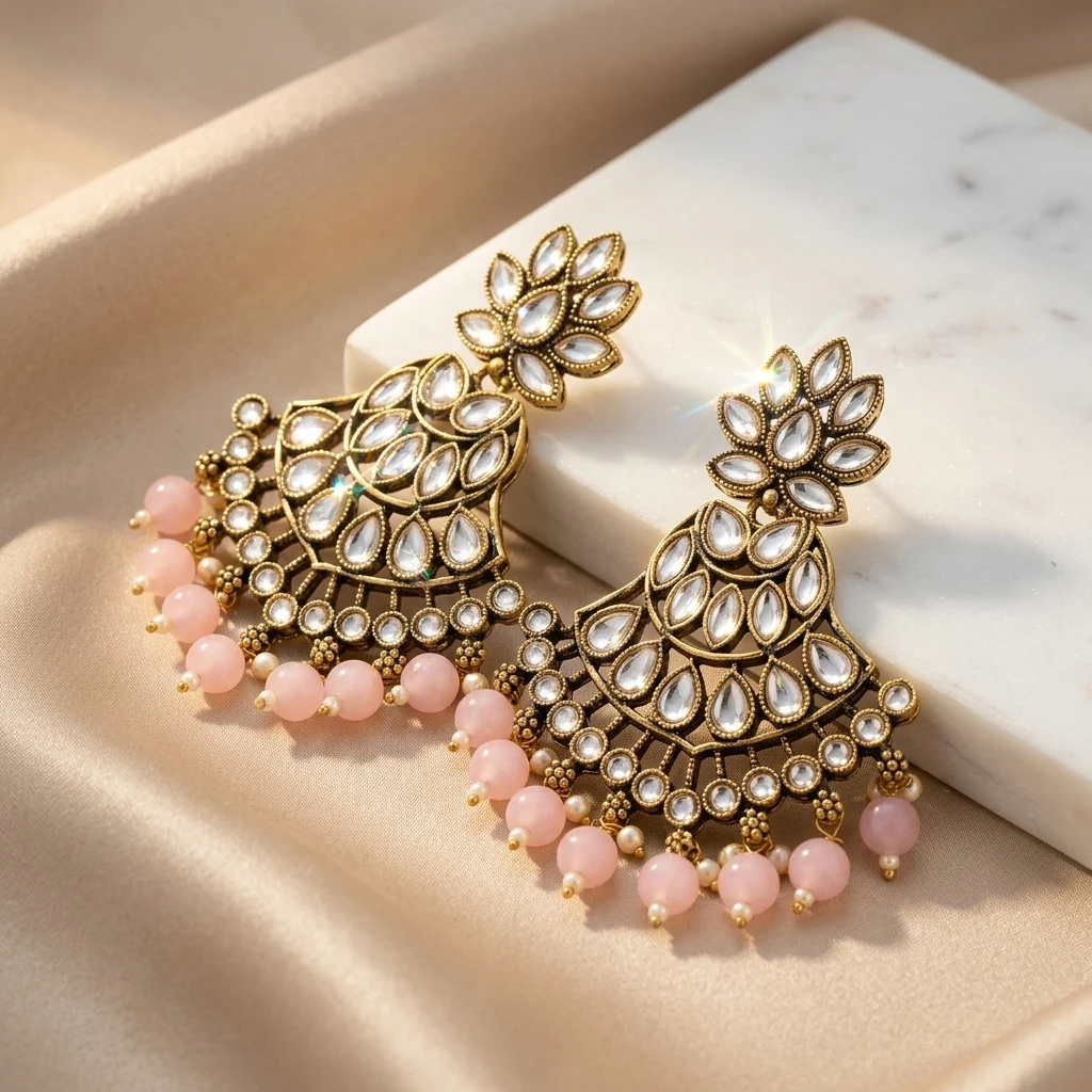 Antique Gold Kundan Polki Fan Chandbali with Pearl White Drops - 45° Angle View