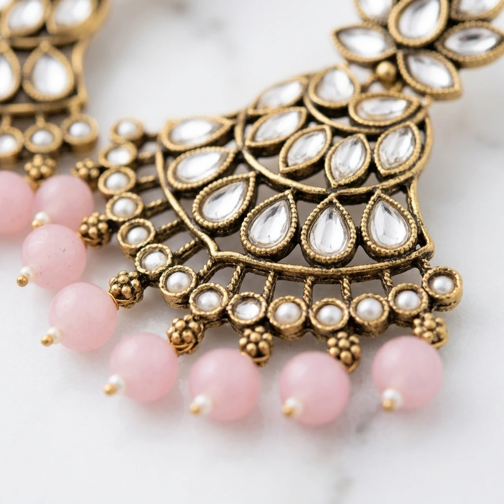 Antique Gold Kundan Polki Fan Chandbali with Pearl White Drops - Macro Detail View