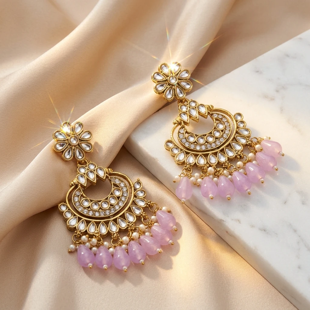 Antique Gold Kundan Floral Chandbali Earrings with Lavender Drops - 45 Degree Angle View