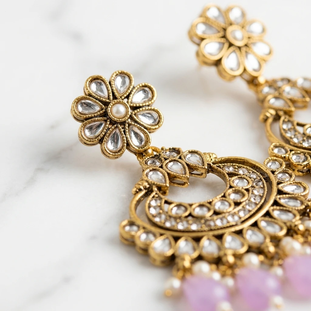 Antique Gold Kundan Floral Chandbali Earrings with Lavender Drops - Macro Stone Detail View