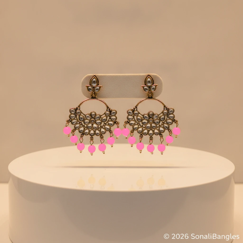 Antique Gold Kundan Floral Hoop Chandbali with Canary Yellow Drops - Pastel Baby Pink Edition