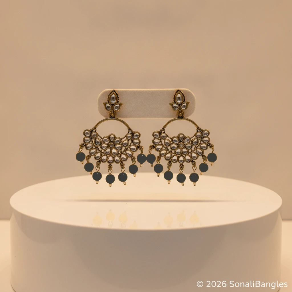 Antique Gold Kundan Floral Hoop Chandbali with Canary Yellow Drops - Jet Black Edition