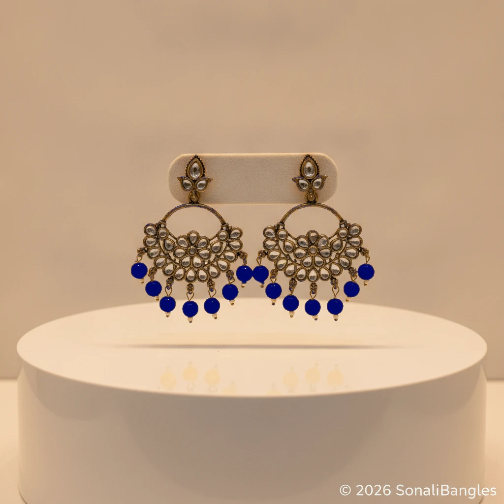 Antique Gold Kundan Floral Hoop Chandbali with Canary Yellow Drops - Royal Dark Blue Edition