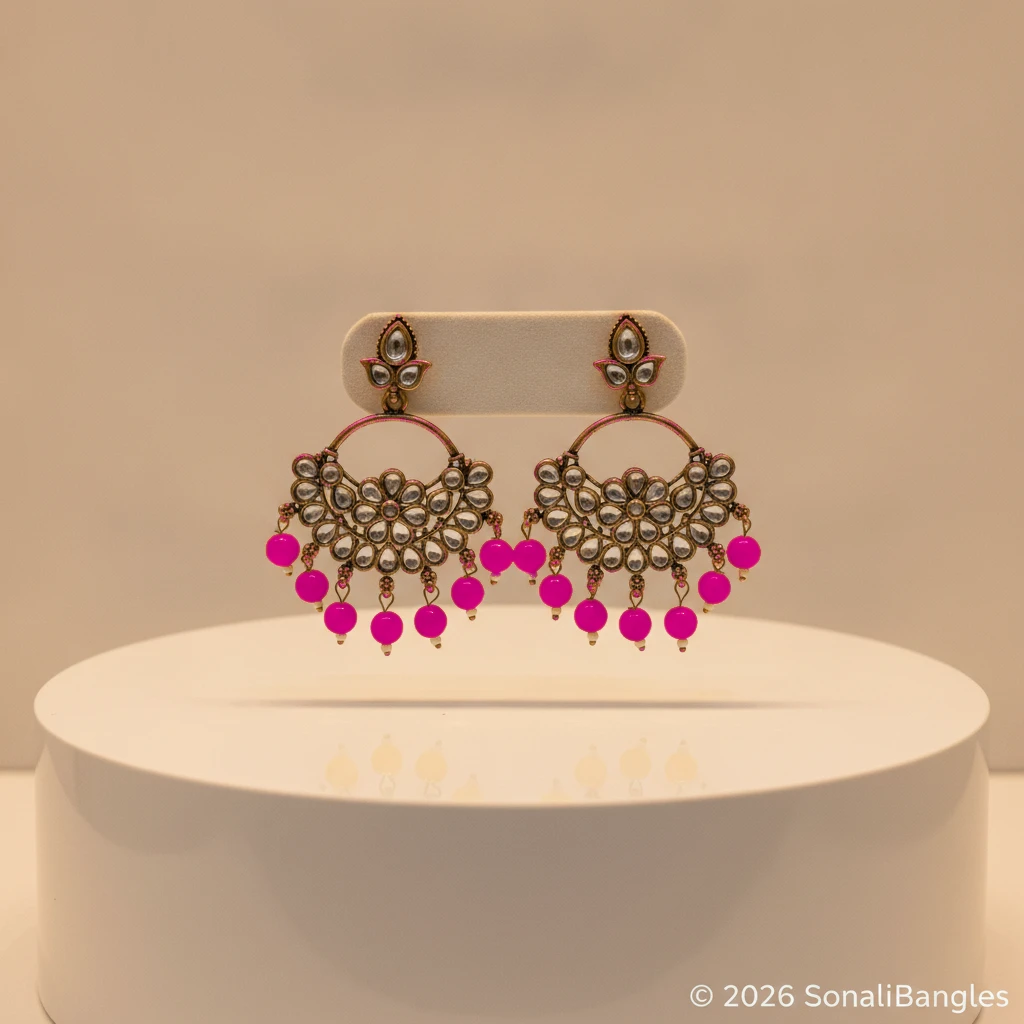 Antique Gold Kundan Floral Hoop Chandbali with Canary Yellow Drops - Dark Rani Pink Edition