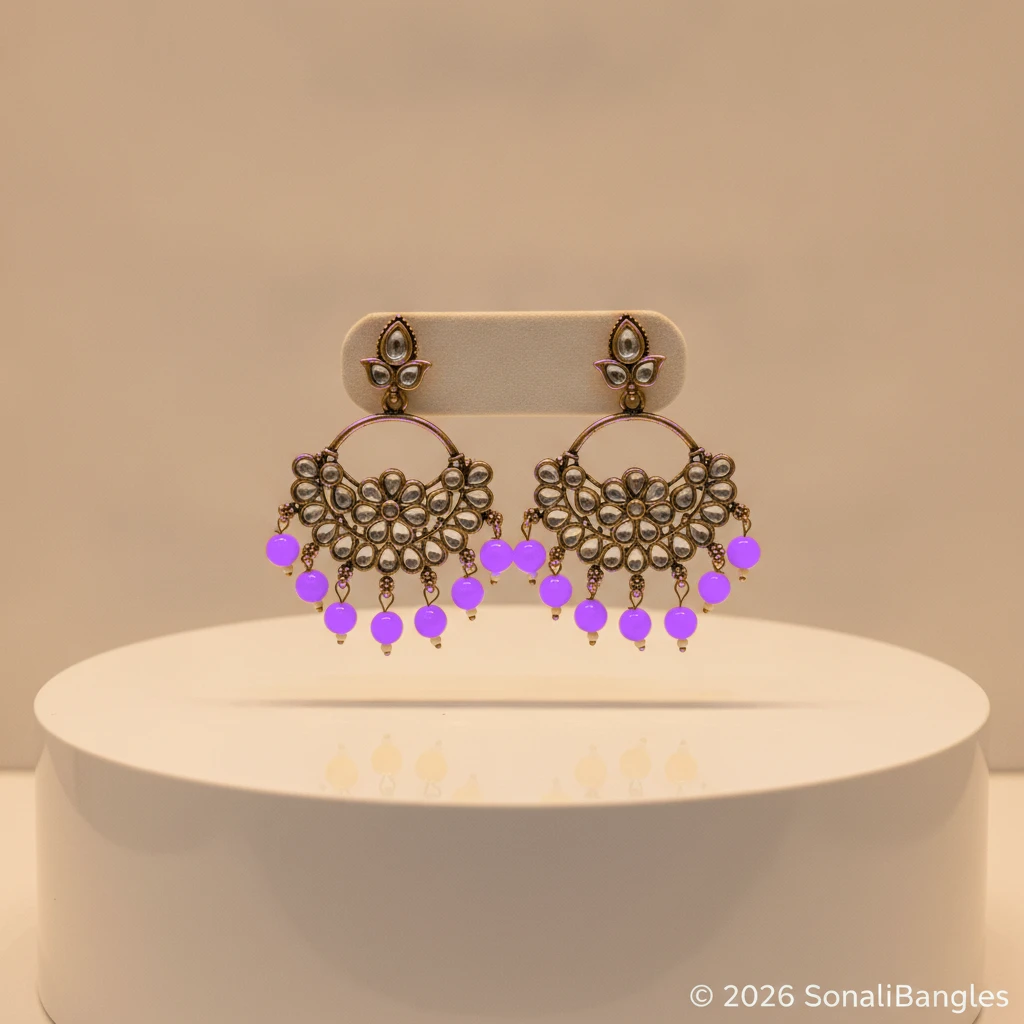 Antique Gold Kundan Floral Hoop Chandbali with Canary Yellow Drops - Pastel Lavender Edition
