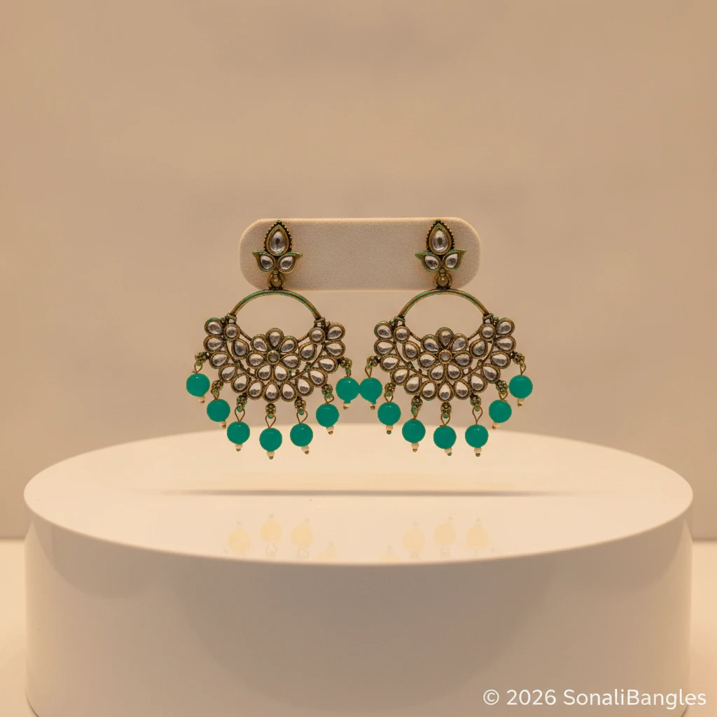 Antique Gold Kundan Floral Hoop Chandbali with Canary Yellow Drops - Dark Peacock Green Edition