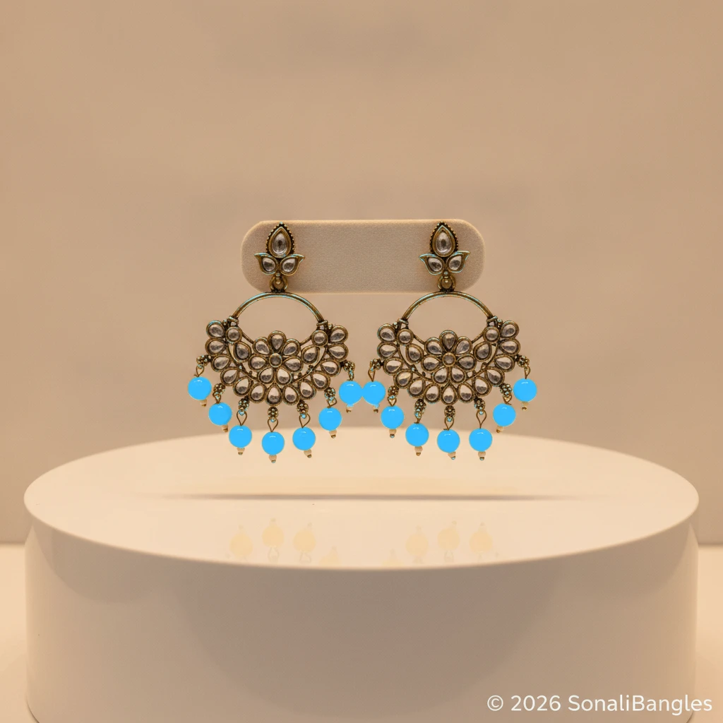 Antique Gold Kundan Floral Hoop Chandbali with Canary Yellow Drops - Sky Blue Edition