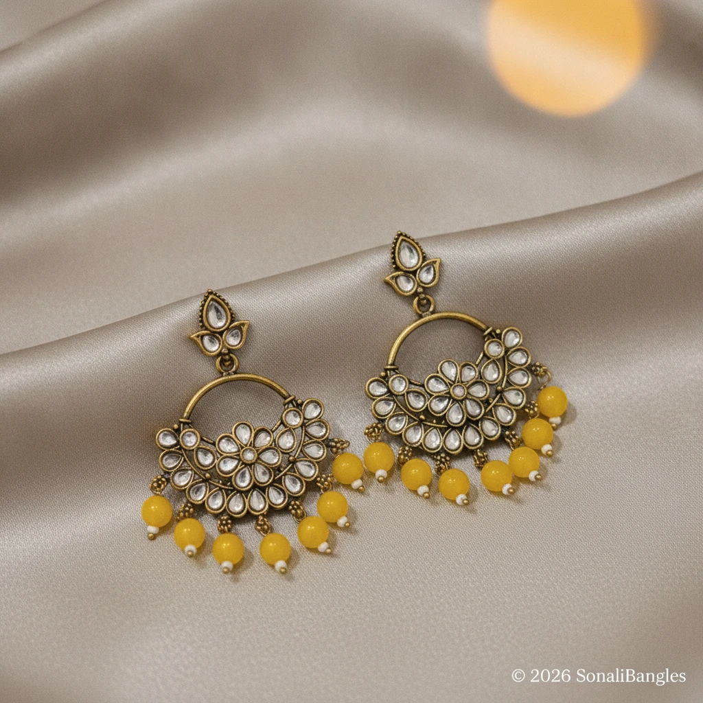 Antique Gold Kundan Floral Hoop Chandbali with Canary Yellow Drops - 45 Degree Angle View
