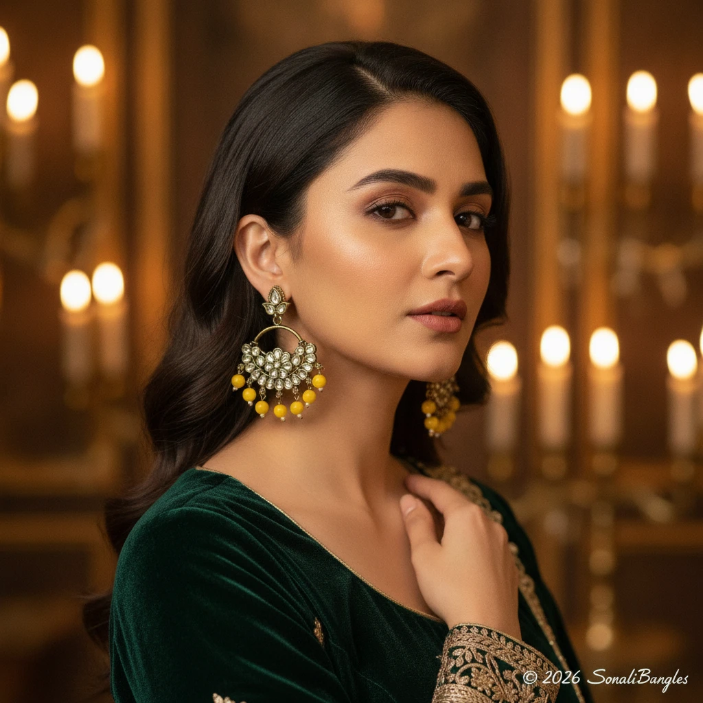 Antique Gold Kundan Floral Hoop Chandbali with Canary Yellow Drops - Lifestyle Model View