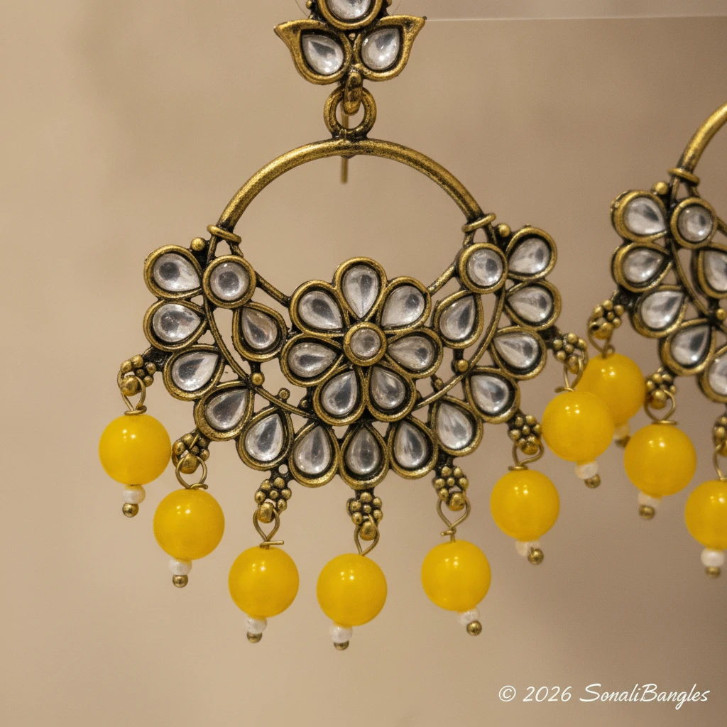 Antique Gold Kundan Floral Hoop Chandbali with Canary Yellow Drops - Macro Kundan Polki & Beaded Detail View