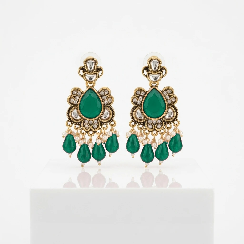 Antique Gold Kundan Ruby Pear Drop Statement Earrings - Dark Peacock Green Edition