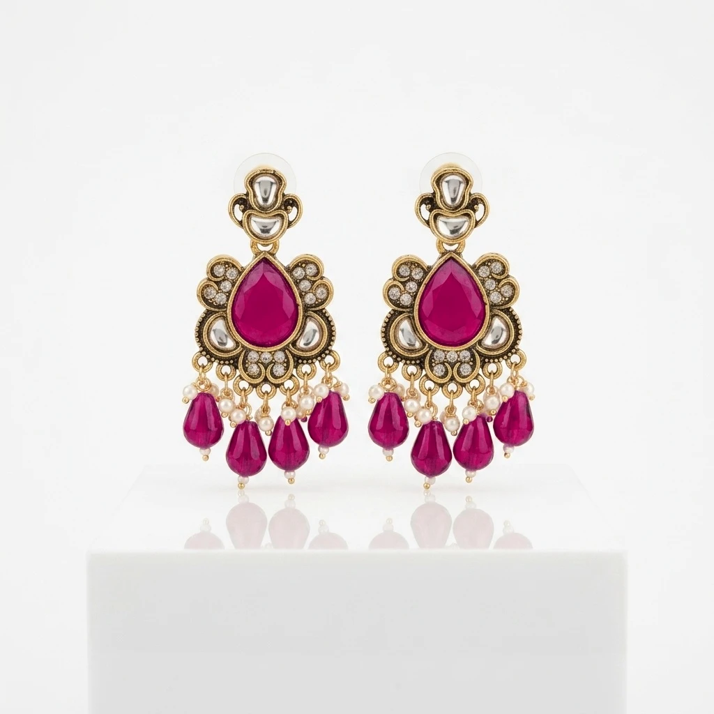 Antique Gold Kundan Ruby Pear Drop Statement Earrings - Dark Pink Edition