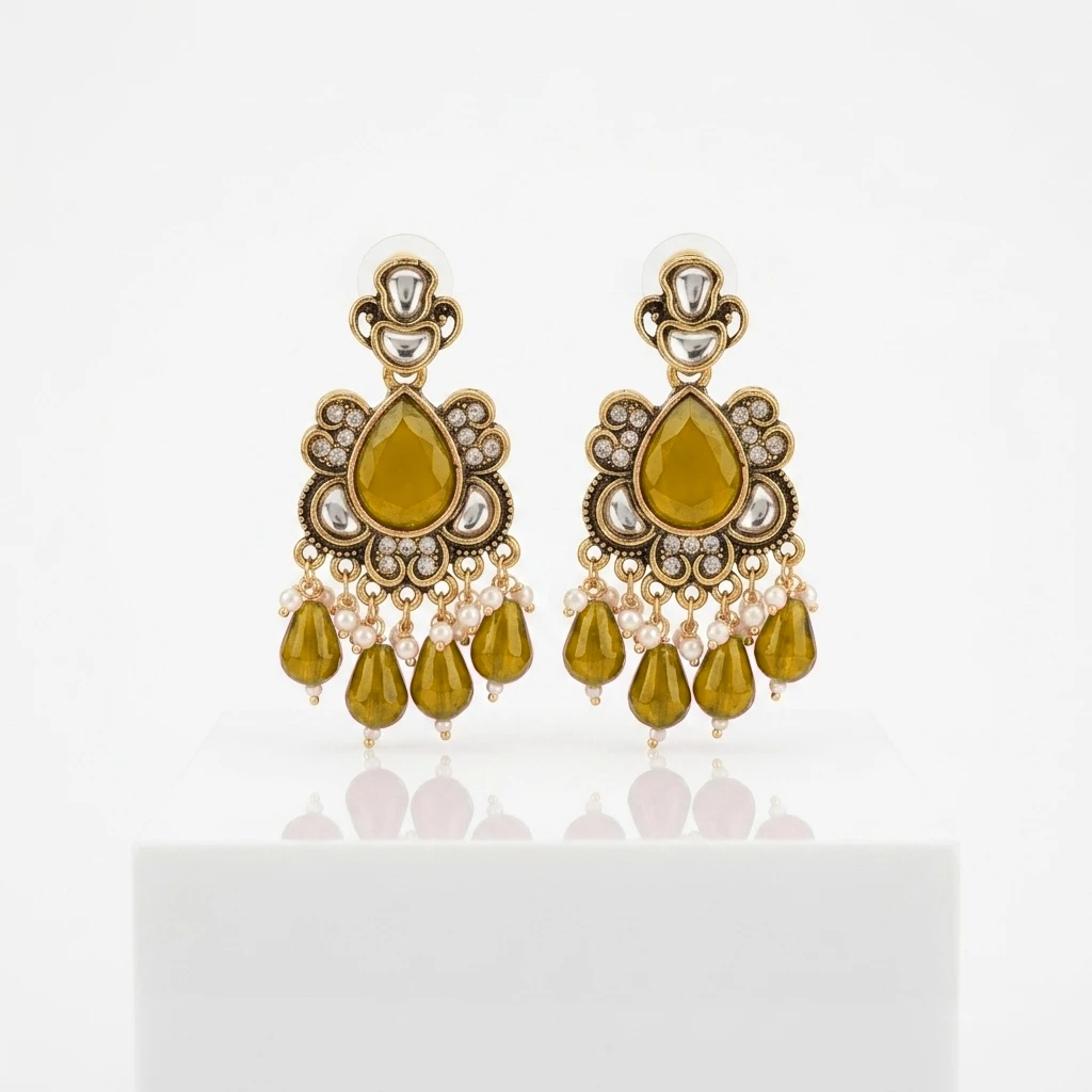 Antique Gold Kundan Ruby Pear Drop Statement Earrings - Dark Yellow Edition