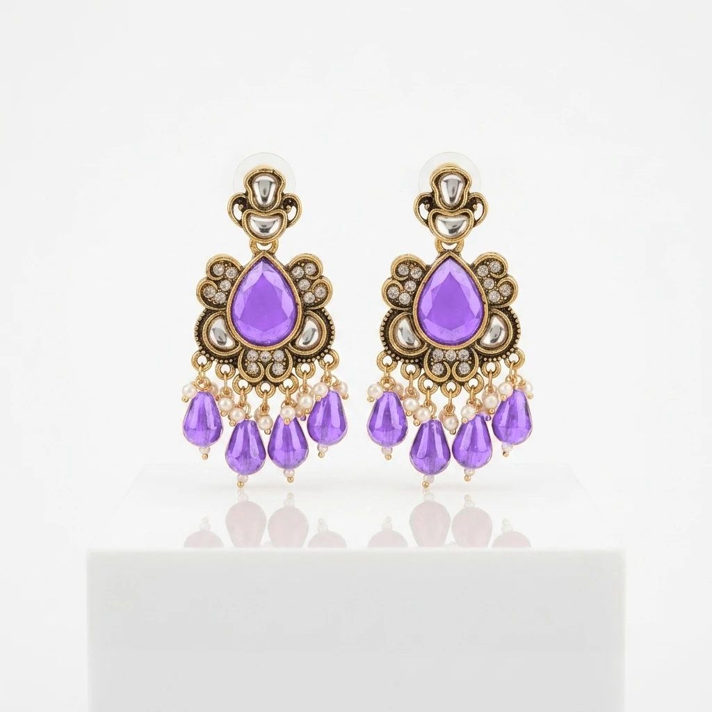 Antique Gold Kundan Ruby Pear Drop Statement Earrings - Lavender Edition
