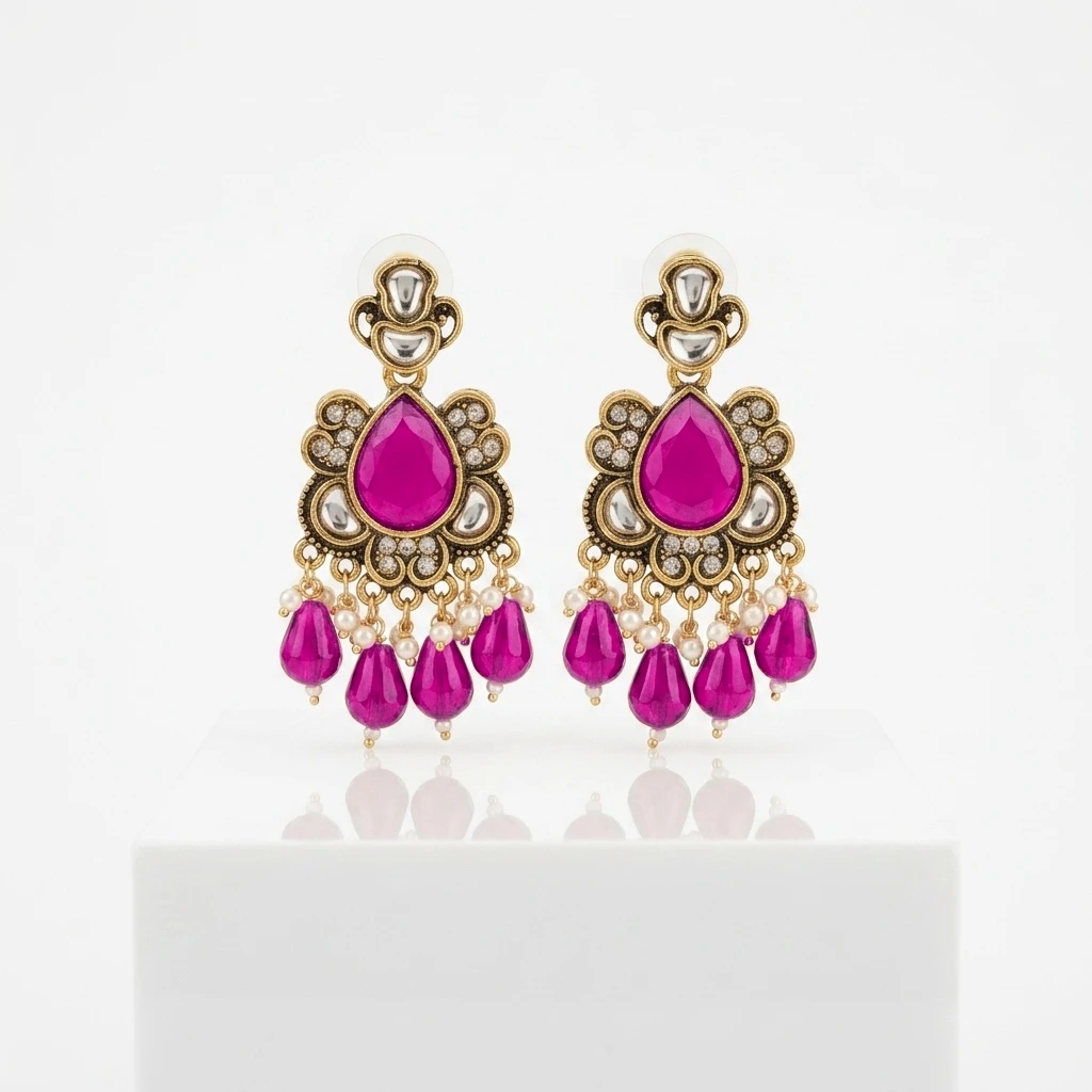 Antique Gold Kundan Ruby Pear Drop Statement Earrings - Magenta Edition