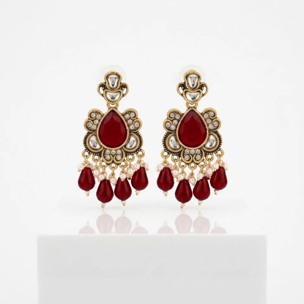 Antique Gold Kundan Ruby Pear Drop Statement Earrings - Royal Maroon Edition