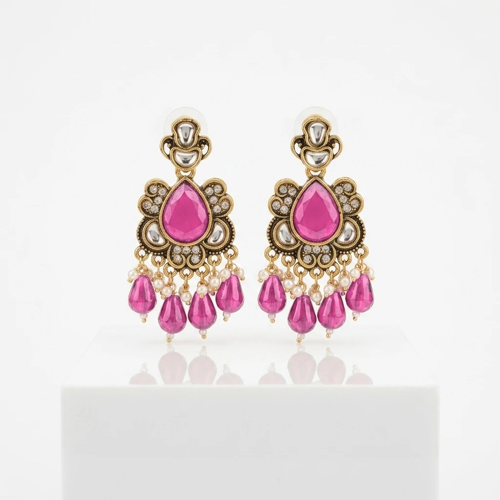 Antique Gold Kundan Ruby Pear Drop Statement Earrings - Mulberry Berry Edition