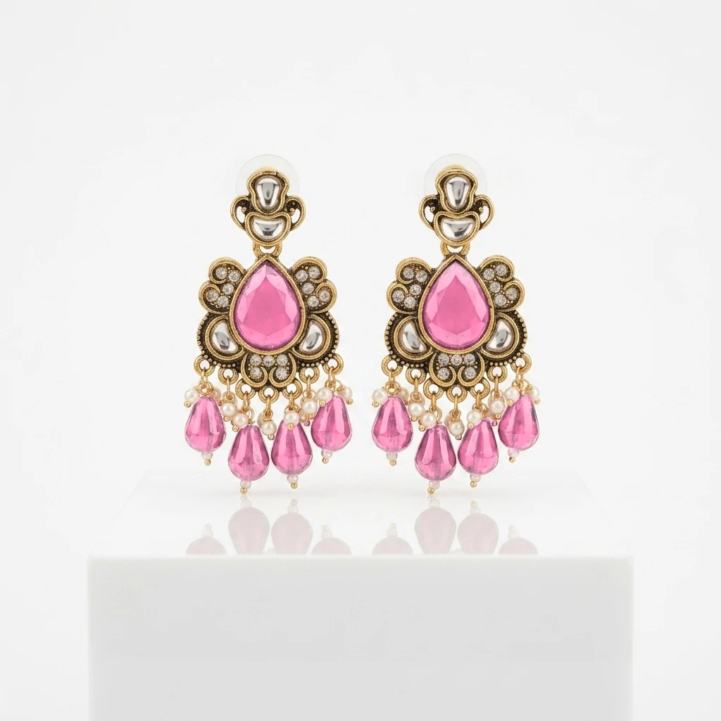 Antique Gold Kundan Ruby Pear Drop Statement Earrings - Pastel Baby Pink Edition
