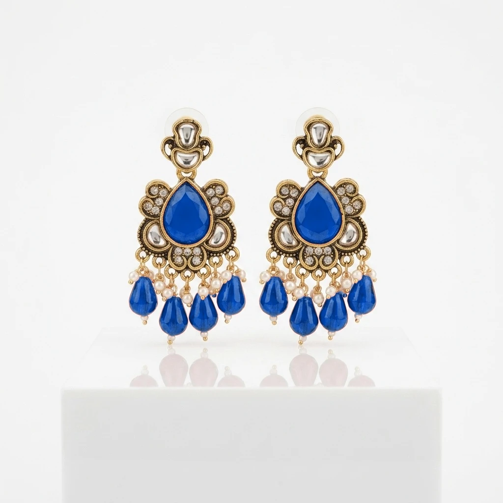 Antique Gold Kundan Ruby Pear Drop Statement Earrings - Royal Sapphire Blue Edition