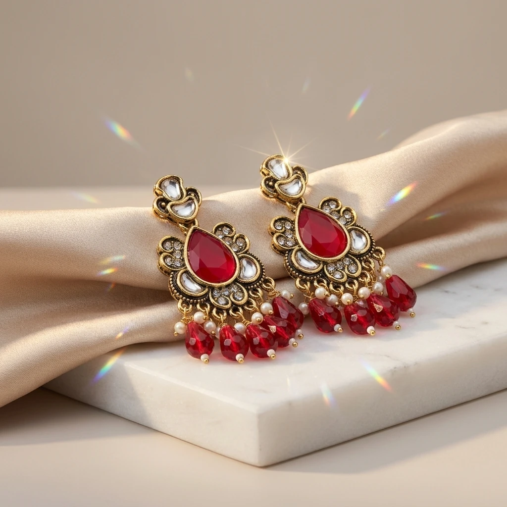Antique Gold Kundan Ruby Pear Drop Statement Earrings - 45 Degree Angle View