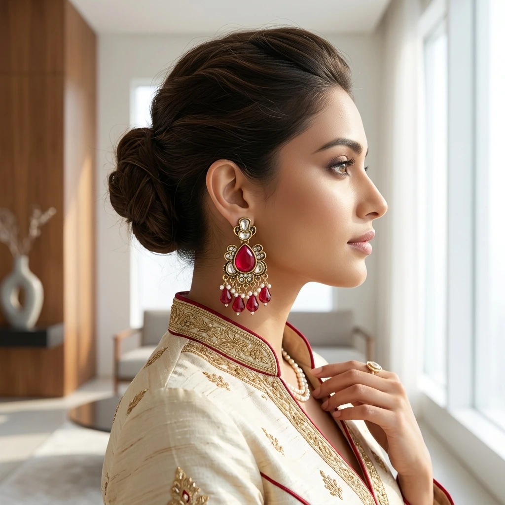 Antique Gold Kundan Ruby Pear Drop Statement Earrings - Lifestyle Model View