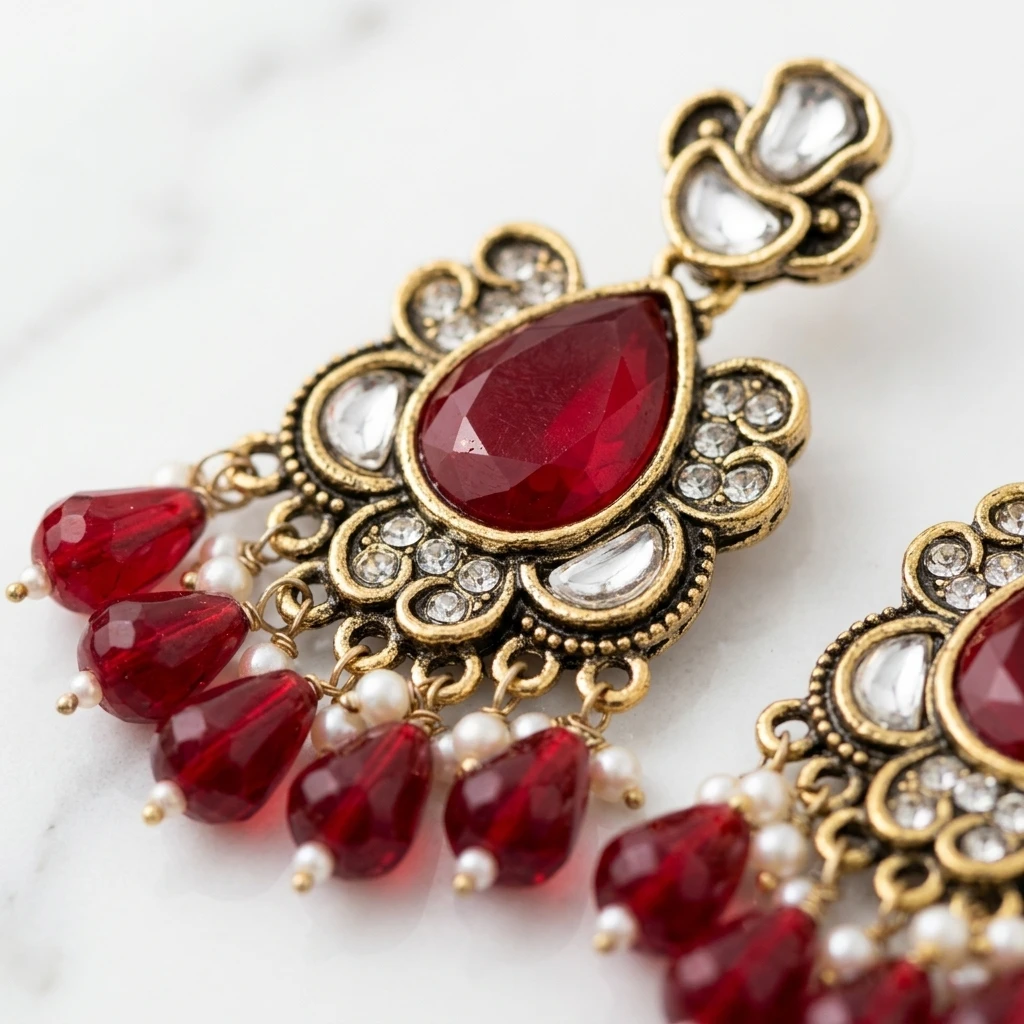 Antique Gold Kundan Ruby Pear Drop Statement Earrings - Macro Stone Detail View