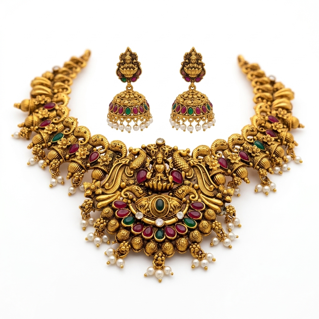 Antique Goddess Lakshmi & Peacock Kemp Stone Collar Choker Set - 45° Hero Perspective Angle