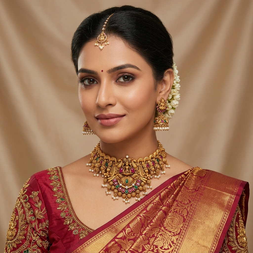 Antique Goddess Lakshmi & Peacock Kemp Stone Collar Choker Set - On-Model Luxury Lifestyle Shot