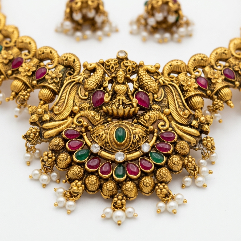 Antique Goddess Lakshmi & Peacock Kemp Stone Collar Choker Set - Macro Detail Craftsmanship Focus