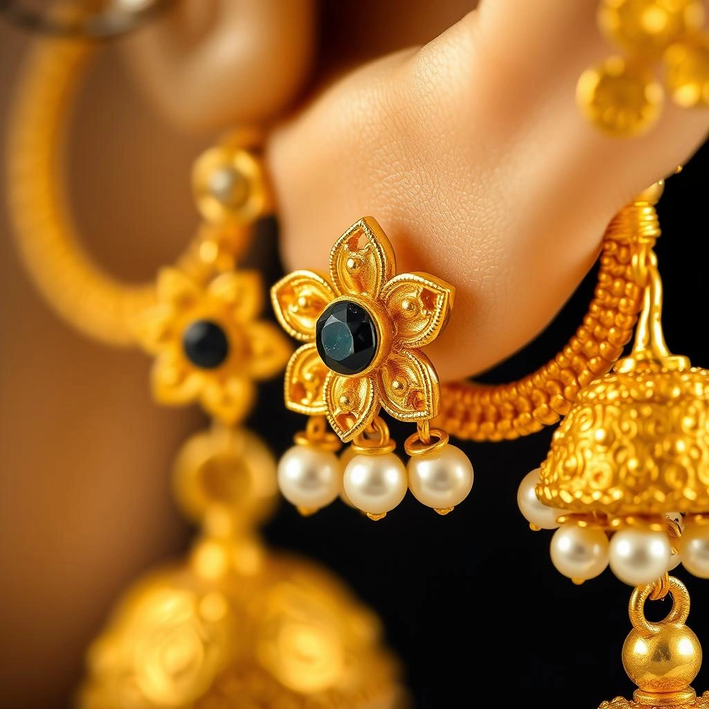 Maharashtrian 1-Gram Gold Floral Champa Ear Cuffs with Ghungroo Bells - Macro Detail Craftsmanship Focus