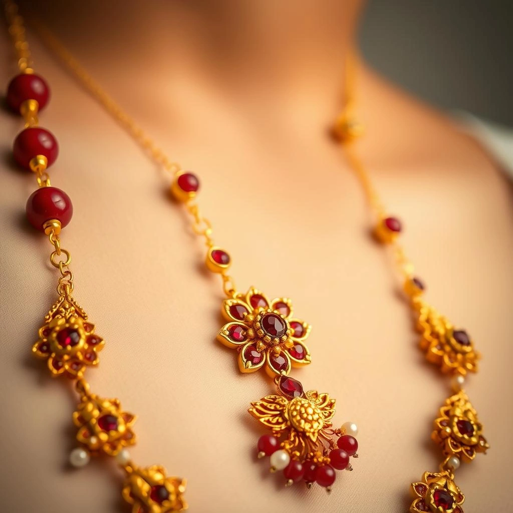 Maharashtrian 1-Gram Gold Saaj Long Necklace with Ruby Floral Talismans - Macro Detail Craftsmanship Focus