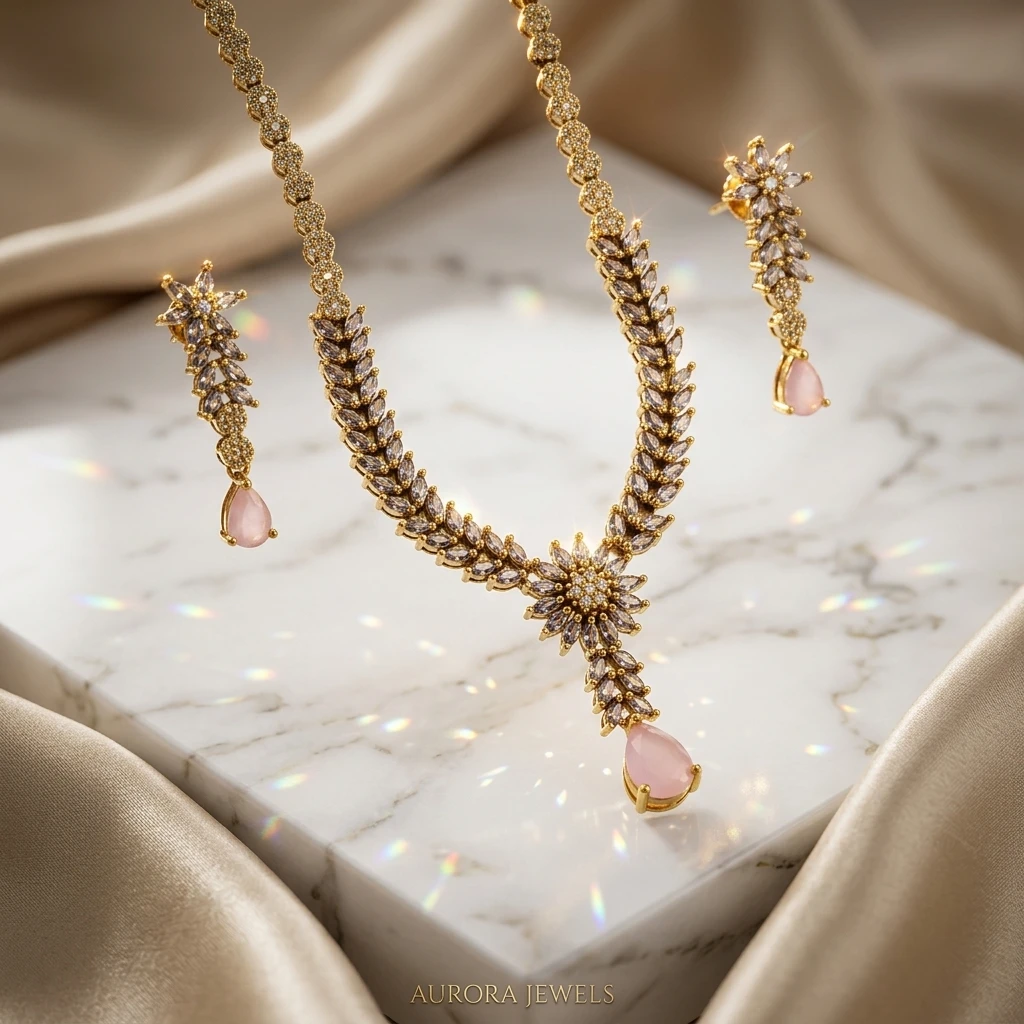 Marquise AD Floral Choker Set with Rose Quartz Teardrop - 45° Hero Perspective Angle