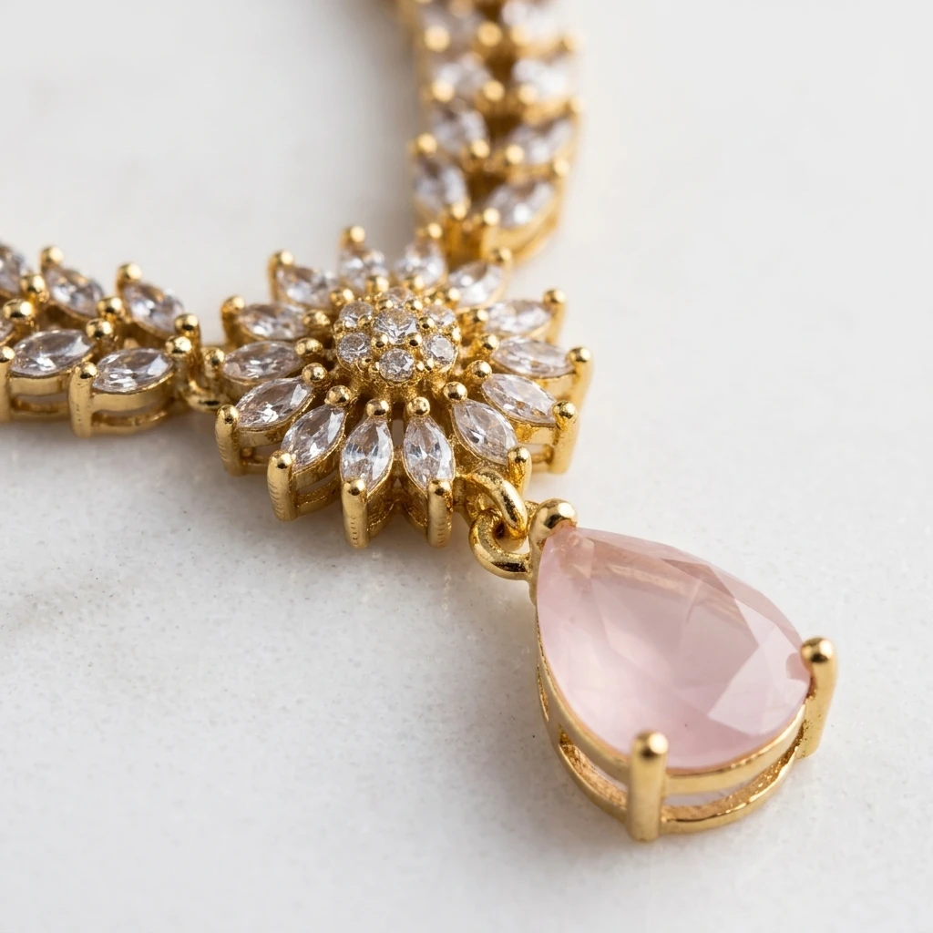 Marquise AD Floral Choker Set with Rose Quartz Teardrop - Macro Detail Craftsmanship Focus