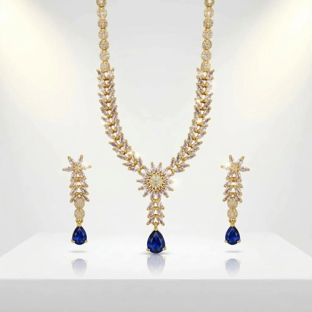 Marquise AD Floral Choker Set - Royal Sapphire Blue Edition