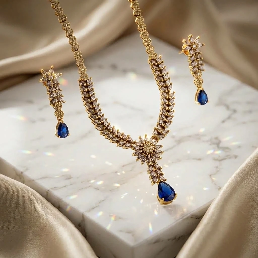 Marquise AD Floral Choker Set - Royal Sapphire Blue 45° Perspective