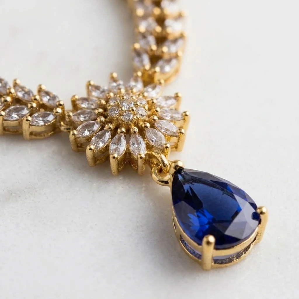 Marquise AD Floral Choker Set - Royal Sapphire Blue Macro Craftsmanship