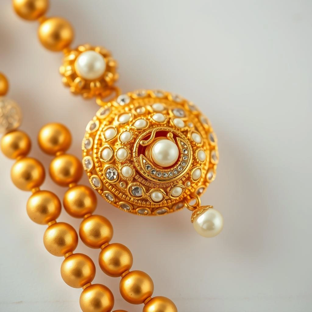 Multi-Line Golden Bead Haar with Laxmi Peacock Dome Pendant - Macro Detail Craftsmanship Focus