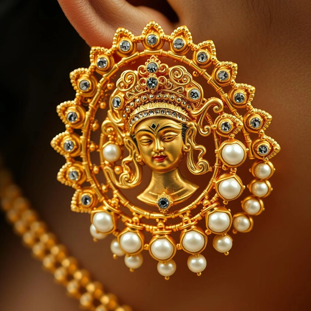 Ornate 1-Gram Gold Laxmi Nakshi Ear Cuffs with Multi-Strand Kanauti - Macro Detail Craftsmanship Focus