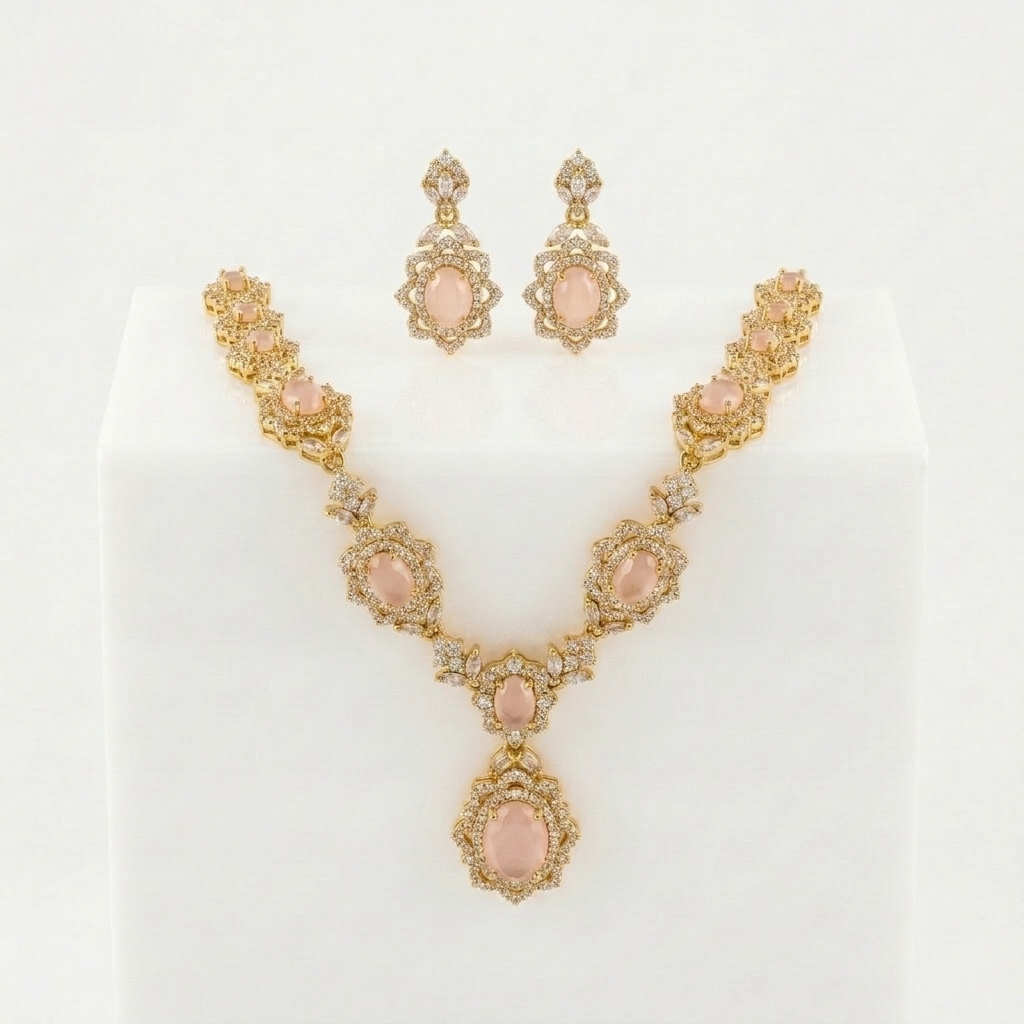 Regal Oval Rose Quartz & AD Floral Halo Statement Set - 45° Hero Perspective Angle